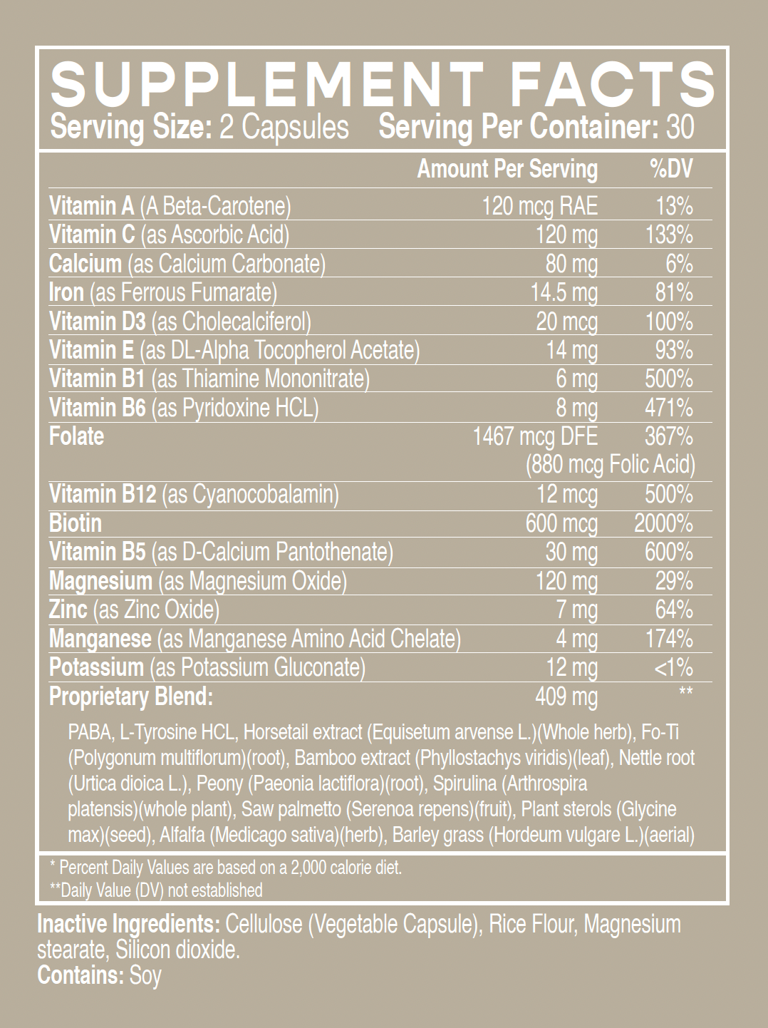 Beautiful Hair Skin & Nails Supplement Facts