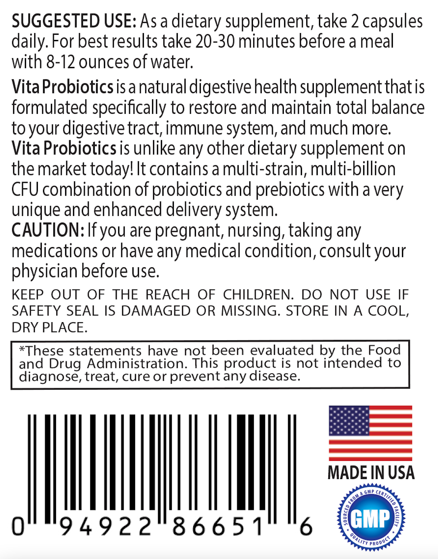 Vita Probiotic Suggested Use
