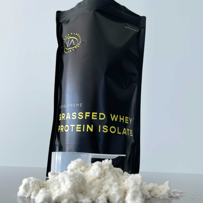 Organic Grass-Fed Whey Protein Isolate - Unflavored Image with Powder and a Scooper